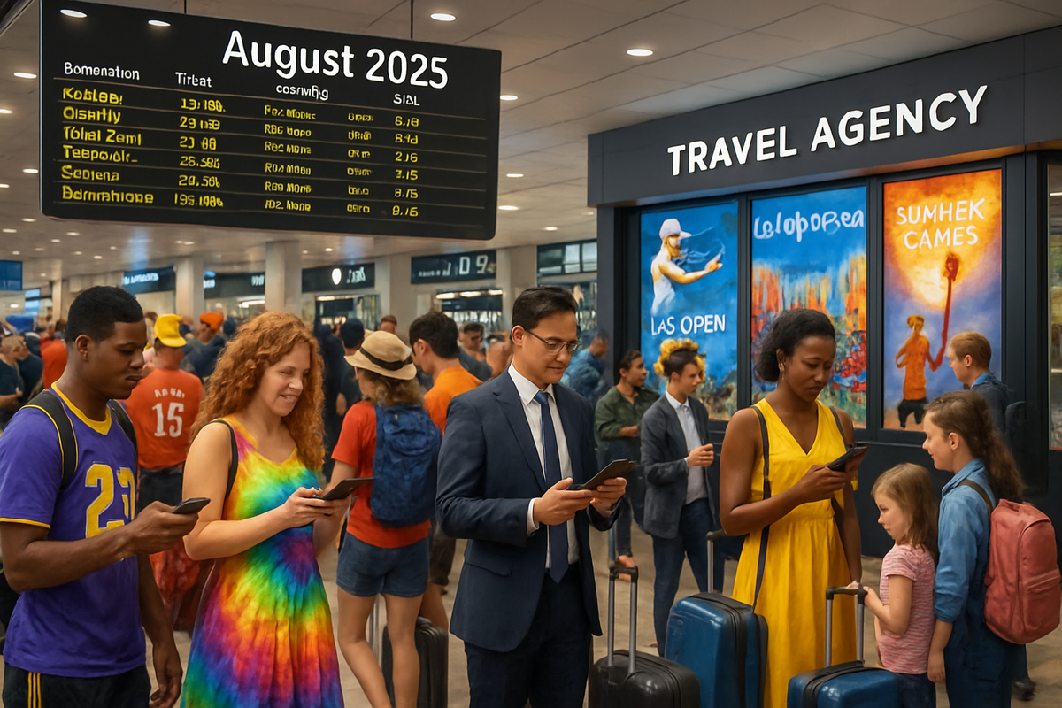 The image depicts a busy airport scene with travelers checking their phones in front of a flight information board and a travel agency.