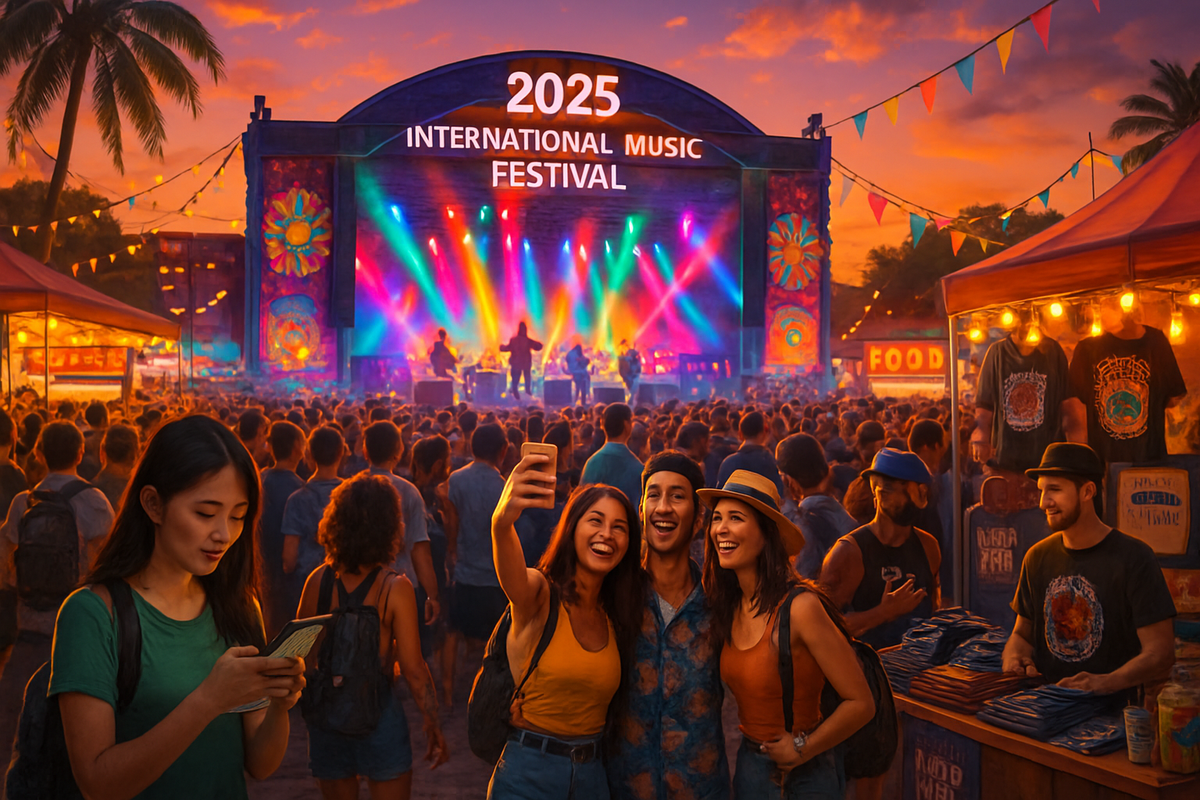 The image depicts a vibrant music festival scene with a colorful stage, crowd enjoying the performance, and friends taking selfies in the foreground.