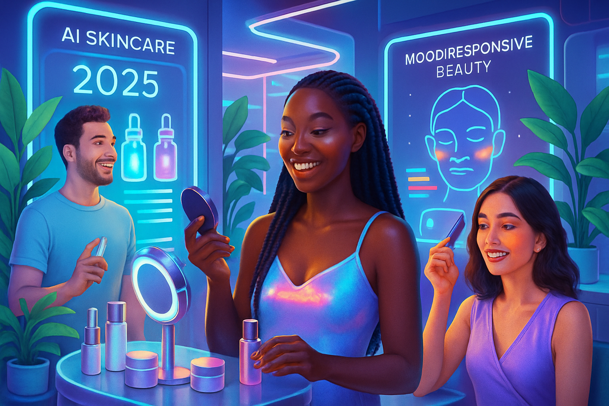 The image depicts three individuals interacting in a futuristic skincare setting, surrounded by vibrant neon lights and product displays.