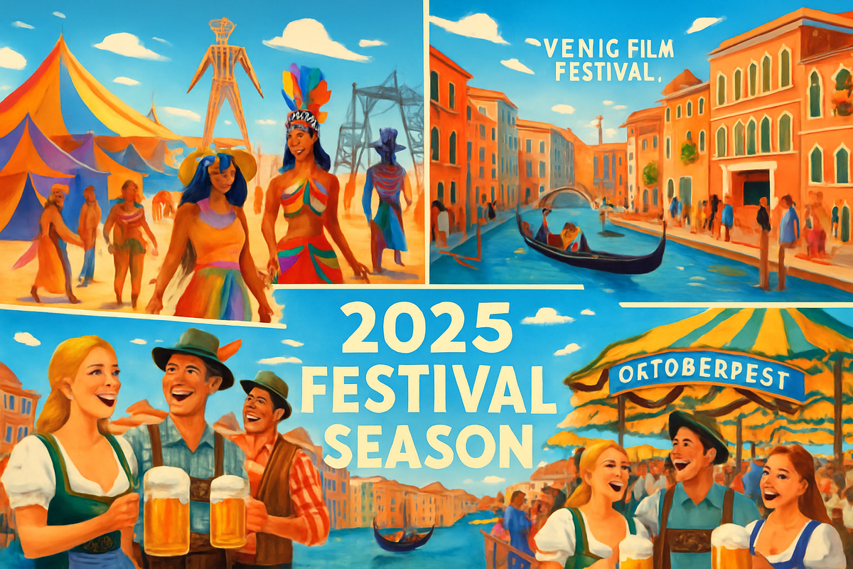The image showcases a vibrant artistic depiction of various festivals including a carnival, a film festival, and Oktoberfest, all centered around the theme of celebration in diverse settings.