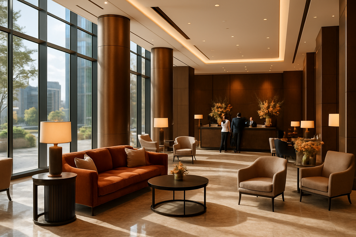 The image depicts a modern, elegantly designed hotel lobby featuring a cozy seating area and a reception desk attended by staff.