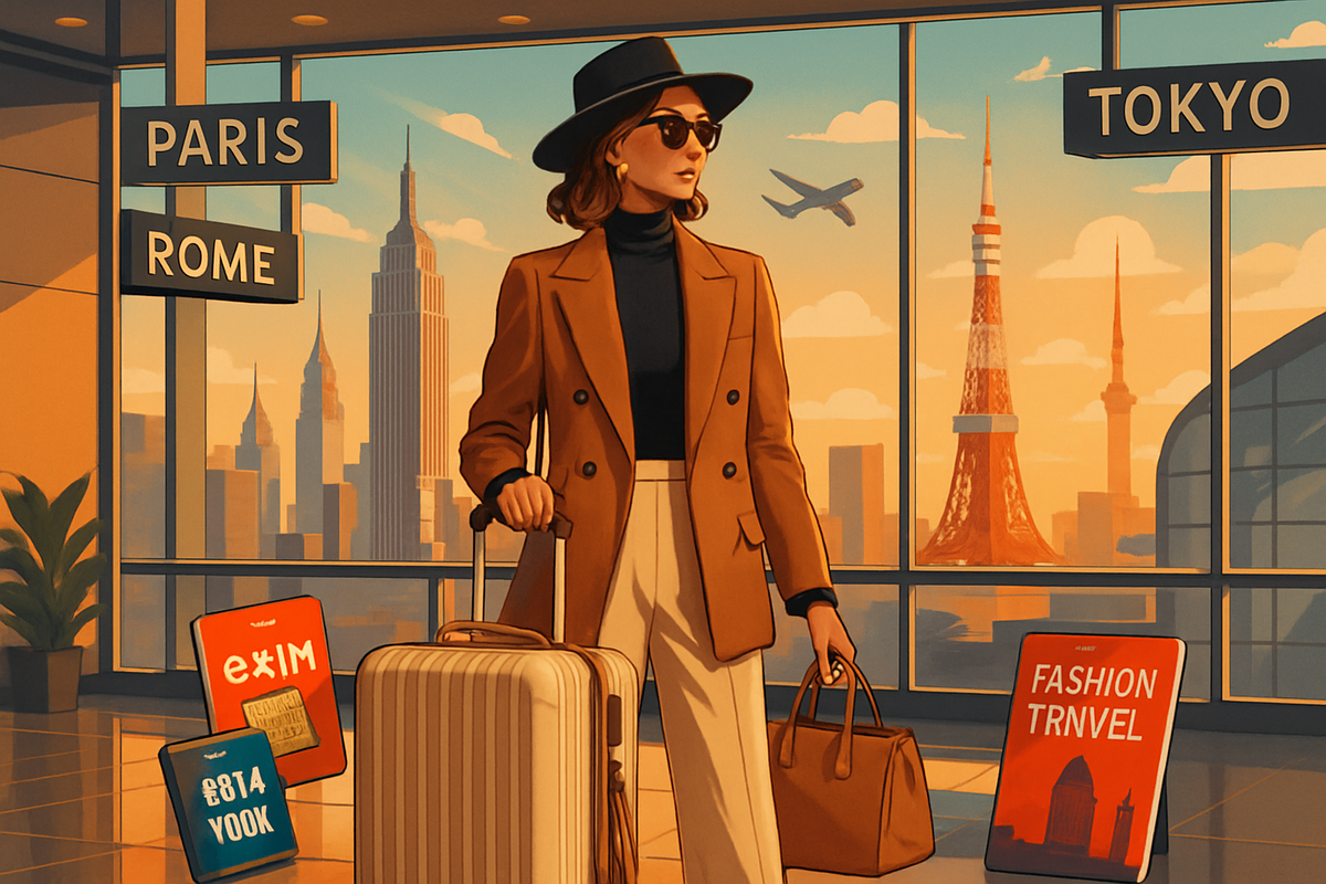 The image features a stylish woman at an airport, holding luggage and surrounded by signs for Paris, Rome, and Tokyo, with iconic cityscapes visible in the background.