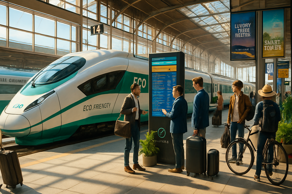 The image shows a modern train station with a sleek eco-friendly train, several travelers, a digital information board, and vibrant natural lighting.